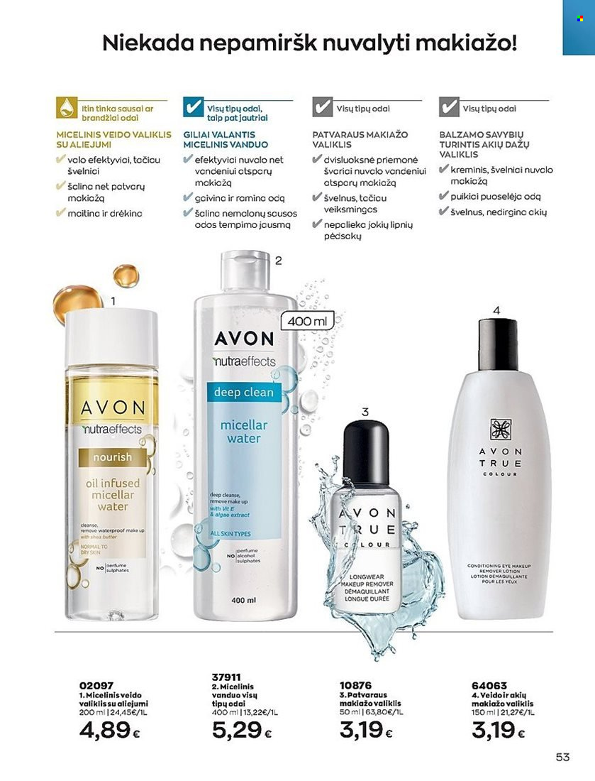 „Avon“ leidinys - 2022 05 01 - 2022 05 31 - Išpardavimų produktai - avon, clean, makeup, micelinis, nutraeffects, tinka, vanduo, veido valiklis. 53 puslapis.