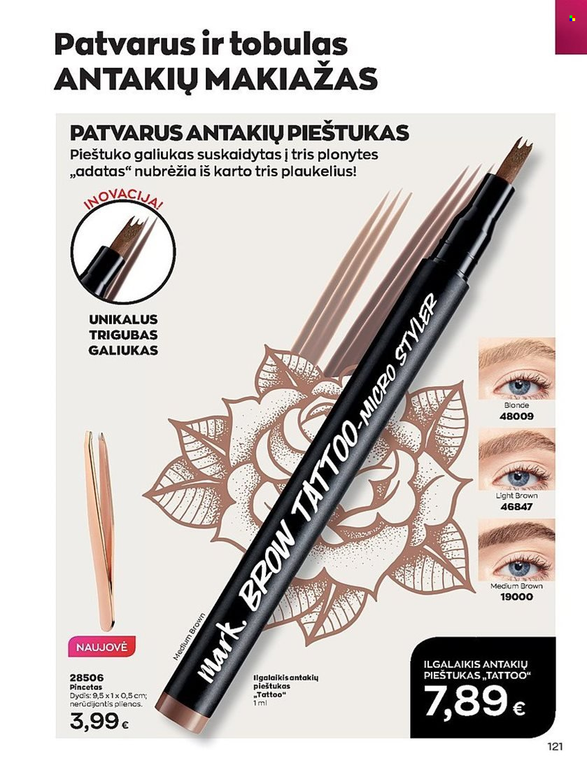 „Avon“ leidinys - 2022 05 01 - 2022 05 31 - Išpardavimų produktai - antakių pieštukas, ilgalaikis antakių pieštukas, pieštukas. 121 puslapis.
