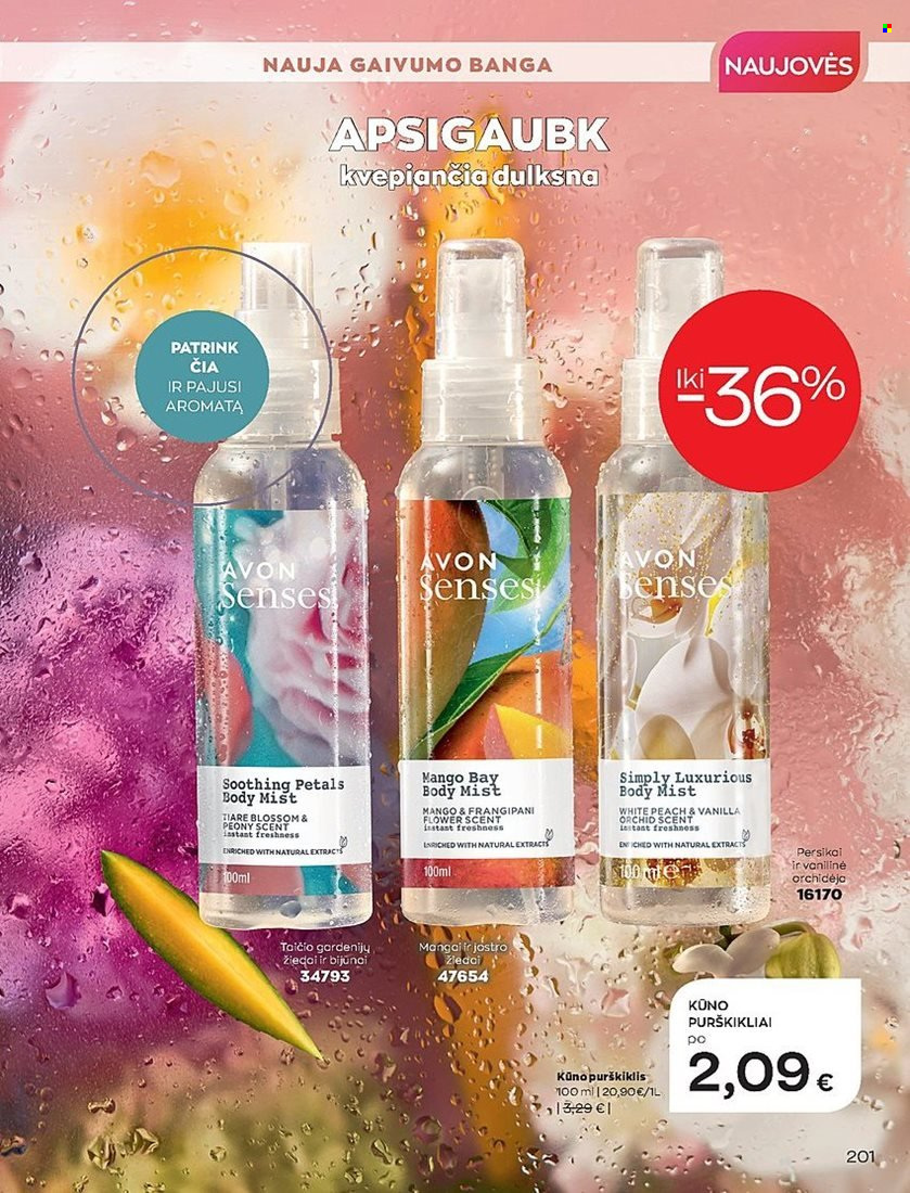 „Avon“ leidinys - 2022 05 01 - 2022 05 31 - Išpardavimų produktai - avon, kūno purškiklis, mango, purškiklis, vanilla. 201 puslapis.
