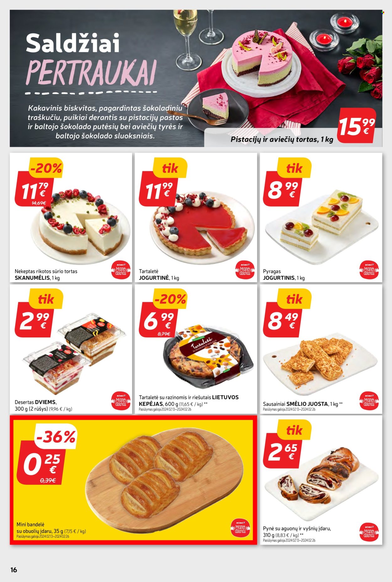 „Rimi“ leidinys - 2024 02 13 - 2024 02 26 - Išpardavimų produktai - bandelė, pyragas, sausainiai, tortas, ricotta. 16 puslapis.