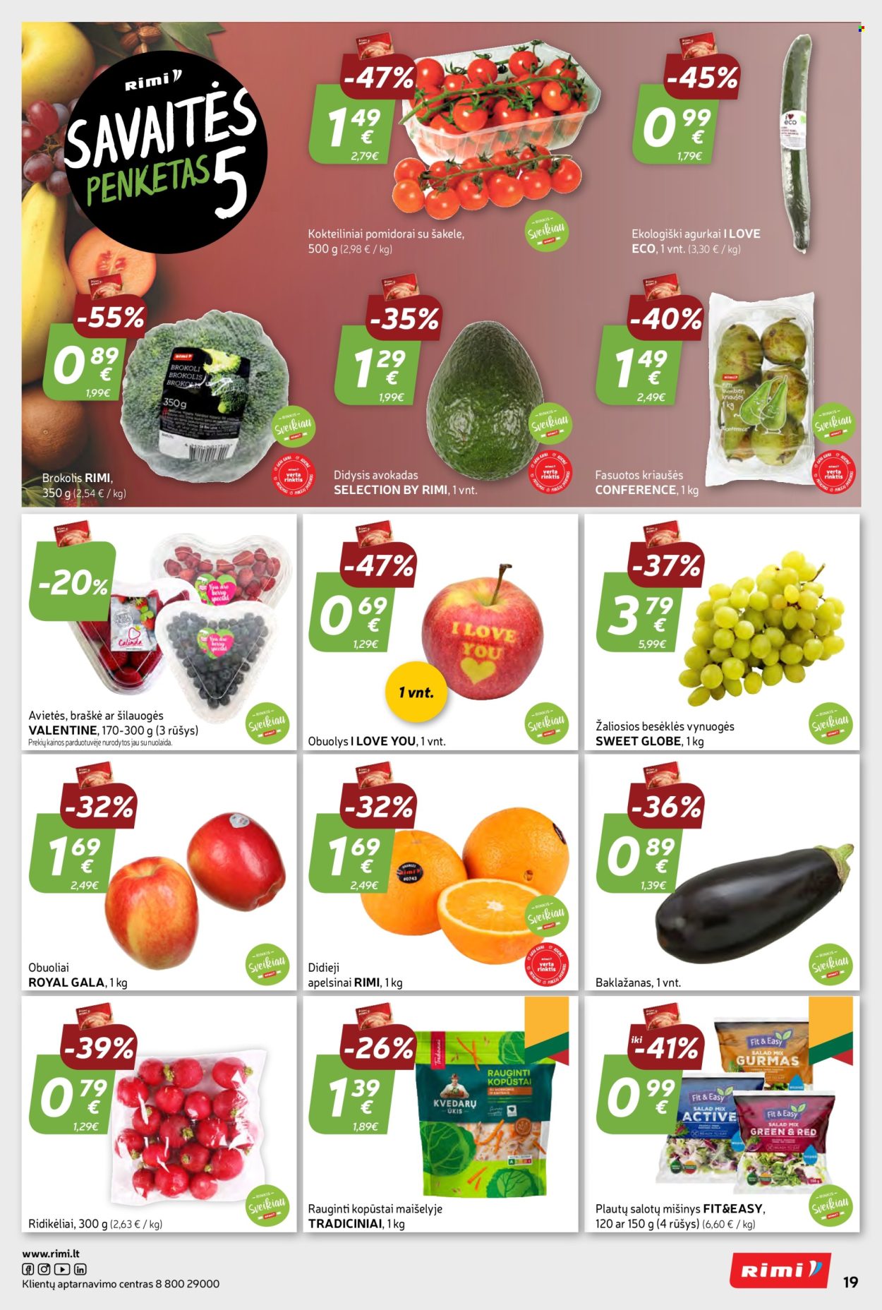 thumbnail - „Rimi“ leidinys - 2024 02 13 - 2024 02 26 - Išpardavimų produktai - baklažanai, brokoliai, kopūstai, pomidorai, ridikėliai, avietės, avokadas, kriaušės, obuolys, šilauogės, vynuogės, I Love Eco. 19 puslapis.