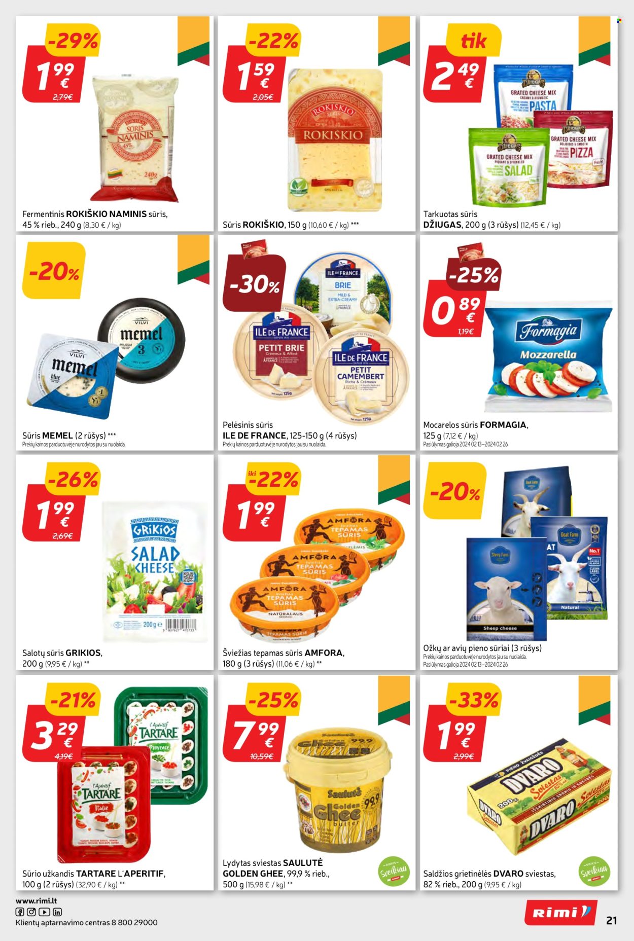 „Rimi“ leidinys - 2024 02 13 - 2024 02 26 - Išpardavimų produktai - sūris, ghee. 21 puslapis.