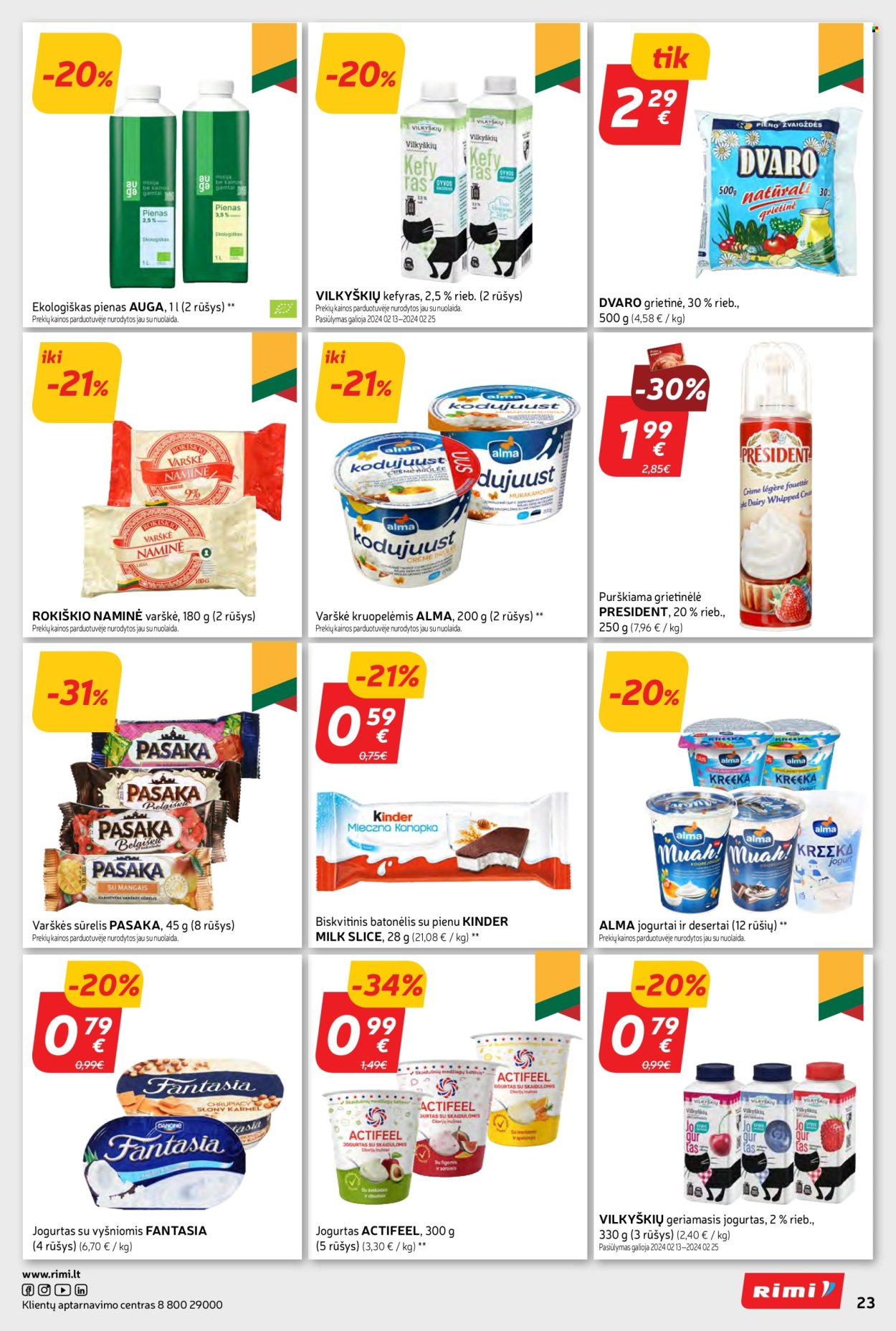 „Rimi“ leidinys - 2024 02 13 - 2024 02 26 - Išpardavimų produktai - varškei, jogurtas, pienas, grietinė. 23 puslapis.