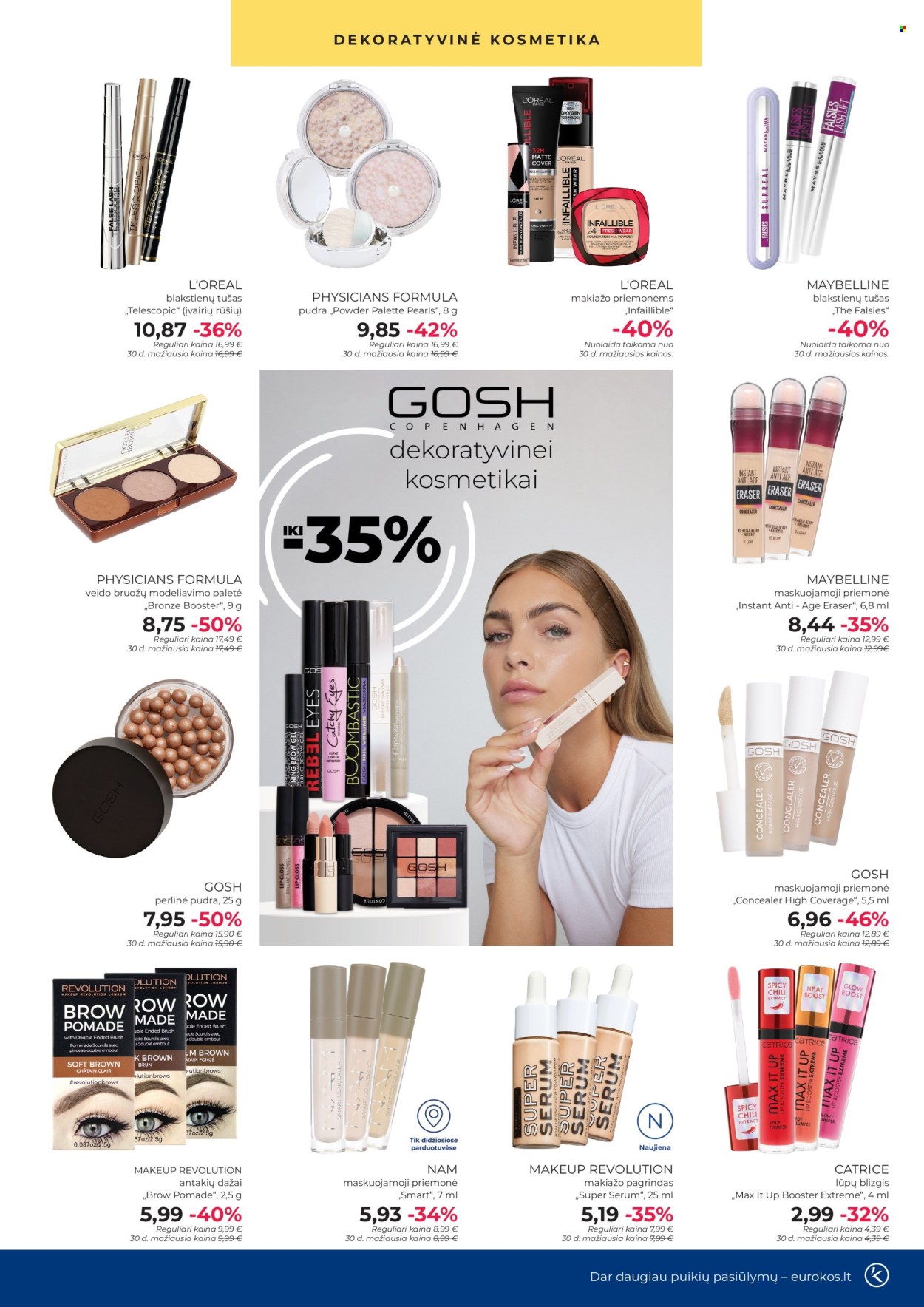 thumbnail - „Eurokos“ leidinys - 2024 03 28 - 2024 04 29 - Išpardavimų produktai - L'Oréal, Palette, blakstienų tušas, lūpų blizgis, Makeup Revolution, makiažo pagrindas, Maybelline, pudra. 5 puslapis.