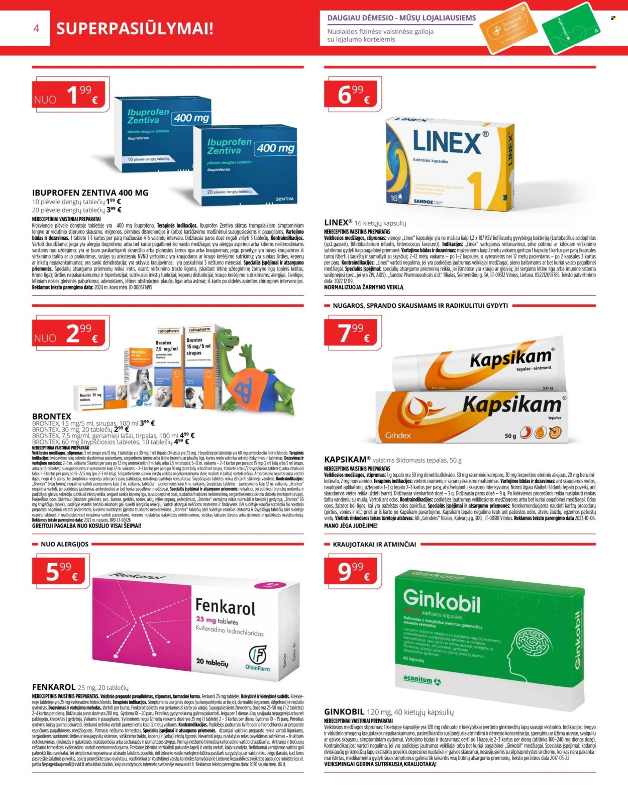 thumbnail - „Gintarinė vaistinė“ leidinys - 2024 04 01 - 2024 04 30 - Išpardavimų produktai - Ginkobil, Ibuprofen. 4 puslapis.