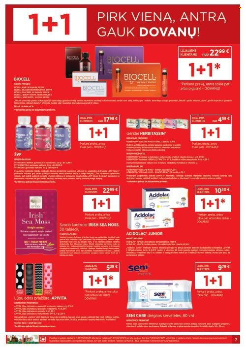 thumbnail - „EUROVAISTINĖ“ leidinys - 2024 04 01 - 2024 04 30 - Išpardavimų produktai - servetėlės, Biocell, Herbitassin. 7 puslapis.