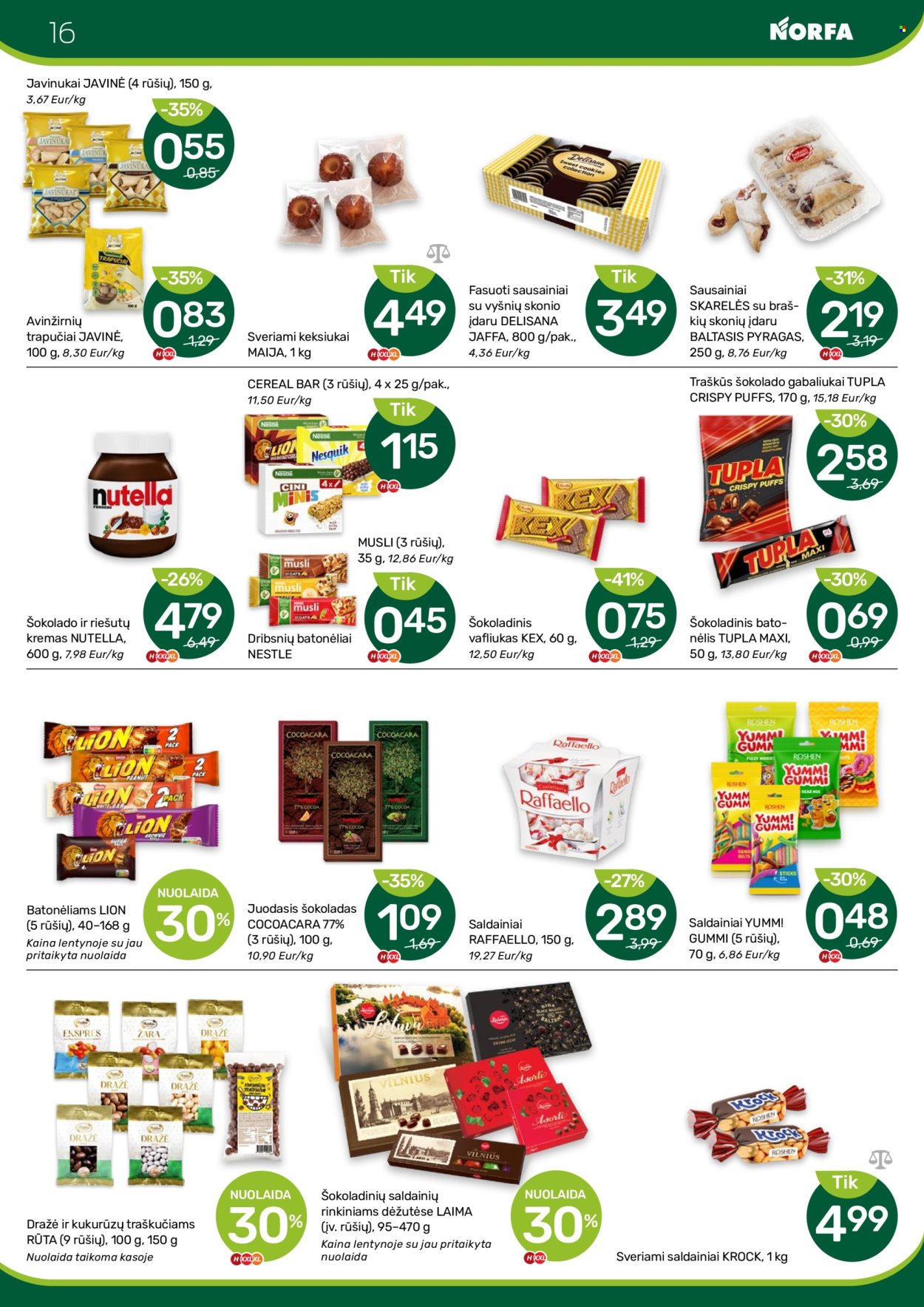 thumbnail - „NORFA“ leidinys - 2024 04 18 - 2024 05 01 - Išpardavimų produktai - pyragas, sausainiai, juodasis šokoladas, Nestlé, saldainiai, šokoladas, traškučiai, Nutella. 16 puslapis.