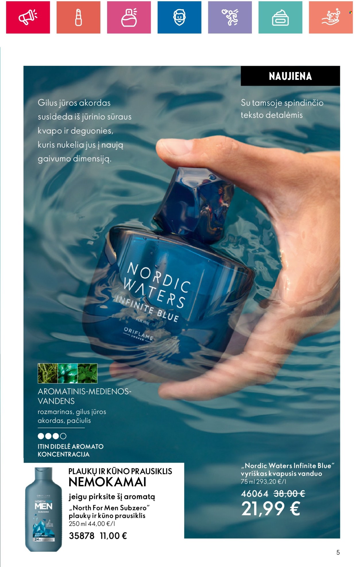 thumbnail - „Oriflame“ leidinys - 2024 04 18 - 2024 05 08 - Išpardavimų produktai - kvapusis vanduo. 5 puslapis.