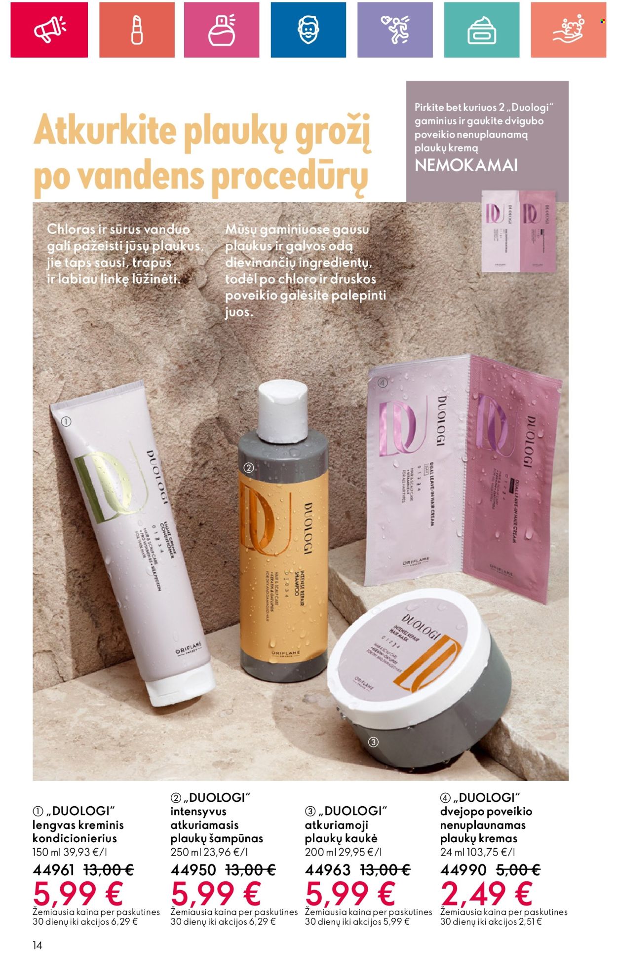 thumbnail - „Oriflame“ leidinys - 2024 04 18 - 2024 05 08 - Išpardavimų produktai - plaukų šampūnas, šampūnas, kaukė, kremas. 14 puslapis.