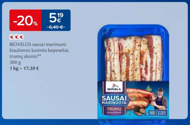 BIOVELOS sausai marinuoti kiaulienos šoninės kepsneliai, trumų skonio
