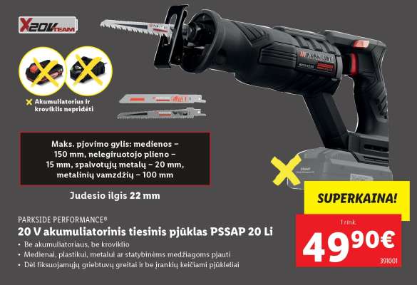 20 V akumuliatorinis tiesinis pjūklas PSSAP 20 Li