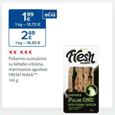Poliarinis sumuštinis su kebabo vištiena, marinuotais agurkais FRESH WALK