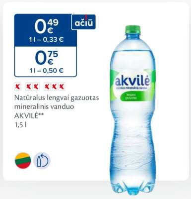 Natūralus lengvai gazuotas mineralinis vanduo AKVILĖ
