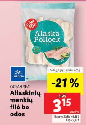 Aliaskinių menkių filė be odos