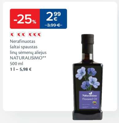 Nerafinuotas šaltai spaustas linų sėmenų aliejus NATURALISIMO